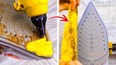 a person is using a yellow shoe polisher to clean the bottom of a pair of shoes