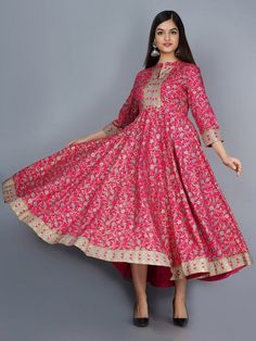 Sizes: To Fit Bust(in inches): S(34), M(36), L(38), XL(40), 2XL(42), 3XL(44) Length: 50inches PRODUCT DETAILS Color: Pink and gold-toned Ethnic motifs printed Round neck Three-quarter, regular sleeves Anarkali shape with regular style Ankle length with flared hem Material & Care Viscose rayon Dry Clean Complete The Look You'll love the elegant design and fit of this stunning kurta from Vitans. Dress up for your next family event by pairing this piece with your best Kolhapuris and simple jewelry. Dhoti For Men, Anarkali Dress Indian, Kurta Skirt, Printed Anarkali, Kurta Style, Ethnic Motifs, Anarkali Kurti, Indo Western Dress, A Line Kurta