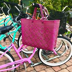 Vamos A La Playa!! Eco-Friendly And Finely Handcrafted, This Oversized Tote Bag In Pink And Gold Upcycled Plastic Yarns Is Perfect For The Beach, Cabana, Picnics, Farmers Market, Grocery Shopping Or Strolling The City Streets! This Fun Fashion Accessory Is Durable, Flexible And Easy To Clean With A Sponge Or Damp Cloth. Great For Traveling! Look Good, Feel Good, Do Good By Supporting The Local Artisans Of Oaxaca. Pink Rectangular Bag For Shopping, Large Pink Everyday Bag, Large Pink Shopping Bag, Pink Square Travel Bag, Square Pink Travel Bags, Large Pink Bag For Everyday Use, Large Pink Everyday Shoulder Bag, Trendy Pink Beach Bag For Shopping, Large Pink Shoulder Bag