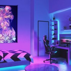 a bedroom with purple and blue lighting in the room, it has a large painting on the wall