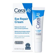 "CeraVe Eye Repair Cream for Dark Circles and Puffiness visibly reduces the look of dark circles and contains 3 essential ceramides to repair and restore the protective skin barrier. CeraVe Eye Repair Cream utilizes patented MVE controlled-release technology to help replenish ceramides and deliver long lasting moisturization. The cream is fragrance-free, hypoallergenic and non-comedogenic. How to Use: Apply in small dots around the eye area and gently smooth until thoroughly absorbed. Use it alo Cerave Eye Cream, Cerave Eye Repair Cream, Best Drugstore Eye Cream, Drugstore Eye Cream, Eye Repair Cream, Cream For Dark Circles, Moisturizing Eye Cream, Under Eye Cream, Hydrating Eye Cream