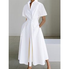 Season:Summer,Spring; Fabric:Polyester; Sleeve Length:Short Sleeve; Look After Me:Machine wash; Gender:Women's; Style:Basic,Formal,Fashion; Elasticity:Micro-elastic; Occasion:Daily,Office,Outdoor,Business; Fit Type:Regular Fit; Dresses Type:Shirt Dress,White Dress,Work Dress; Pattern:Plain; Design:Pocket,Buttons; Neckline:Split Neck; Front page:FF; Listing Date:07/04/2023; Production mode:External procurement; 2024 Trends:2023; Bust:; Length:; Shoulder Width:null; Sleeve:null; Waist:; Fit US Siz Fishtail Skirt, Jumpsuit Outfit, Collar Pattern, Button Dress, Types Of Skirts, Style Elegant, Mandarin Collar, V Neck Dress, Eminem