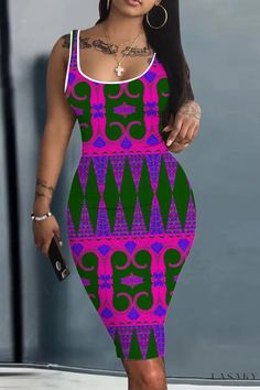 Lasaky - Chic Printed U-Neck Vest Dress for Casual Wear Green Dresses With Colorful Pattern, Casual Green Dresses With Colorful Pattern, Casual Green Dress With Colorful Pattern, Casual Sleeveless Midi Dress With Colorful Pattern, Casual Fitted Midi Dress With Vibrant Print, Casual Stretch Dresses With Patterned Color, Casual Stretch Patterned Dresses, Green Fitted Mini Dress With Vibrant Print, Green Mini Dress With Vibrant Print Casual Style