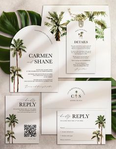 wedding stationery with palm trees and greenery on the front, back and sides