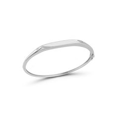 The Gold Bangle with Diamond Detail looks lovely stacked or solo. With a classic flat face designed for engraving flanked by two round diamonds, this piece is just waiting to be personalized. Formal Engraved White Gold Bangle, Classic Stackable White Gold Jewelry, Elegant White Gold Name Bracelet With Engraving Option, Classic White Gold Diamond Cuff Bracelet, Timeless Stackable Diamond Bracelet For Formal Occasions, Minimalist White Gold Oval Bracelet, White Gold Bracelet As Gift, Elegant Sterling Silver Name Bracelet With Engraving Option, Elegant Everyday Round Band Bracelet