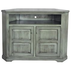 an entertainment center with two doors and one drawer on the bottom, is shown in grey