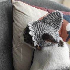 a cat wearing a knitted hat on top of a couch