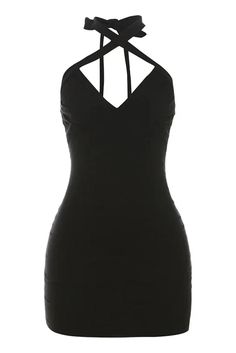 This mini dress features a deep V-neckline with a backless halter design and lace-up details. The high waist and slim fit create a chic and alluring look, perfect for special occasions. Details: Elasticity: Slight Stretch Fabric Type: POLYESTER Silhouette: Sheath Neckline: V-Neck Material: POLYESTER Size (IN) US Size Bust Size Skirt Length Waist Size Hip Size S 4 33.86 17.32 23.62-34.65 30.71 M 6 35.43 18.11 25.20-36.22 32.28 L 08/10 37.01 18.90 26.77-37.80 33.86 Stretch Mini Dress With V-neck And Straps, V-neck Mini Dress With Corset Back For Date Night, Solid Halter Neck Bodycon Dress For Night Out, Chic Fitted Backless Dress With Cross Back, Chic V-neck Halter Dress With Crisscross Straps, Elegant Halter Neck Mini Dress With Corset Back, Stretch Backless Mini Dress With Straps, Chic Halter Neck Bandage Mini Dress, Solid Backless Mini Dress For Night Out