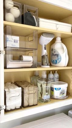 the shelves are filled with cleaning products and toiletries