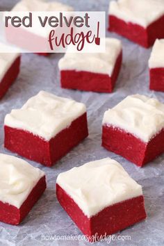 red velvet fudge cake bites with white frosting on top and in the middle