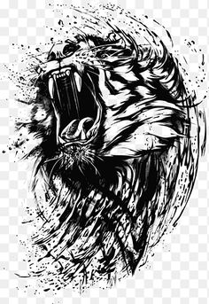 a black and white drawing of a lion's head with splashing paint on it