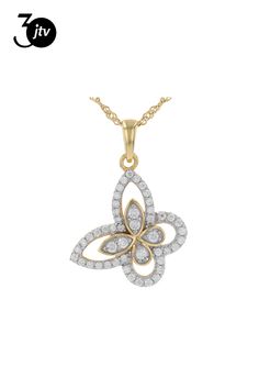 Moissanite Fire(R) .60ctw diamond equivalent weight round 14k yellow gold over sterling silver    butterfly pendant with 18 inch Singapore chain. White rhodium settings. Measures 1 & 11/16" L x   11/16" W and has a lobster clasp with a 2 inch extender. Actual moissanite weight is .54ctw. Silver Butterfly, Butterfly Pendant, Lobster Clasp, Singapore, Yellow Gold, Sterling Silver, Chain, Pendant, Yellow