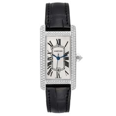 Cartier Tank Americaine White Gold Diamond Ladies Watch 2490. Automatic self-winding movement. 18K white gold case 22.0 x 41.0 mm. Octagonal crown set with an original Cartier factory diamond. Original Cartier factory double-row diamonds lug to lug. 18k white gold bezel with original Cartier factory double-row diamonds. Scratch resistant sapphire crystal. Silvered guilloche dial with black Roman numerals. Blued steel sword shaped hands. Secret Cartier signature at VII. Date window at 6 o'clock. Cartier Tank Americaine, Expensive Watches, Cartier Tank, Cartier Watch, Vintage Rolex, Gold Case, Beautiful Watches, Ladies Watch, Swiss Watches