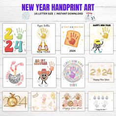 the new year handprint art is displayed on a white wooden background with colorful images and numbers