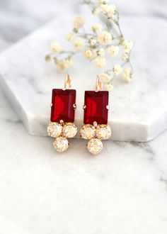 Red Ruby Earrings Ruby Red Crystal Swarovski Drop Earrings | Etsy Red Ruby Single Earring, Single Ruby Earring In Red, Elegant Red Crystal Earrings, Red Drop Crystal Earrings For Evening, Elegant Red Bridal Earrings, Red Crystal Drop Earrings For Gifts, Red Valentine's Day Festive Earrings, Red Jewelry With Earrings For Evening, Elegant Red Cluster Earrings For Wedding