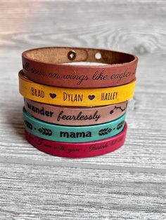 "Simple and fun! This beautiful personalized bracelet can have any engraving you wish for that special gift. Names, birthdays, coordinates, favorite quotes, bible verses. You name it!! Each bracelet is handmade in our shop. Please note each one of these is handmade so no two are exactly alike. Genuine Leather Handmade in the USA Size Height: Top to Bottom is approximately 1/2\" Width: The bracelet is 9\" long overall. Button stud openings are at 7 1/4\" and 8 1/4\" for adjustability. Please veri Women Leather Bracelet, Personalized Brown Leather Bracelet For Everyday, Personalized Adjustable Brown Jewelry, Personalized Adjustable Bracelets For Father's Day, Leather Bracelet Gift For Father's Day, Personalized Leather Bracelet For Father's Day, Leather Bracelet For Father's Day Gift, Personalized Engraved Leather Jewelry, Adjustable Stamped Leather Bracelet