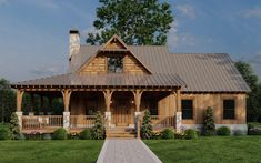 this is a computer rendering of a small cabin style home with porches and covered front porch