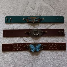 Brand New! Guaranteed Never Worn! Msrp: $54 (For All 3) Hand-Tooled Leather Bracelets Bracelet Length 8.25" Inches (All 3 Are Same Length) Stainless Steel Large Accents With Anchor, Butterfly, & Dragonfly! Accents Can Be Changed With Others Sold At Craft Stores. Lobster Claw Clasps Hold Accents In Place. Clasps Are Secured To Bracelet By Rivets. Push-Thru Studs Are Used For Bracelet Closure. These Would Make A Wonderful Gift! It Would Also Make A Wonderful Addition To Your Own Bracelet Collectio Butterfly Dragonfly, Leather Ideas, Hand Tooled Leather, Leather Bracelets, Tooled Leather, Bracelet Collection, Bead Jewellery, Leather Tooling, Leather Jewelry