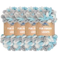 three blue and white yarns with the words fun finger loop on them