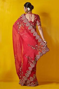 Shop for Rishi and Soujit Silk Organza Embroidered Saree for Women Online at Aza Fashions Saree Red, Saree For Women, Embroidered Saree, Red Saree, Embroidered Neckline, Silk Organza, Red Silk, Cut Work, Embroidered Blouse