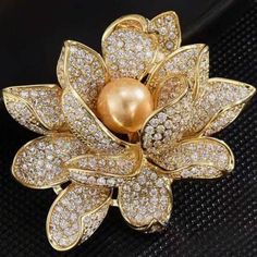 Handmade Rhinestone Lotus Brooch Pin Faux Pearl  2" x 1  3/4" Nurses Office, Office Staff, Scarf Rings, Gold Collar, Watches Women Fashion, Pearl Brooch, Belt Clip, Clear Vinyl, Keepsake Gift