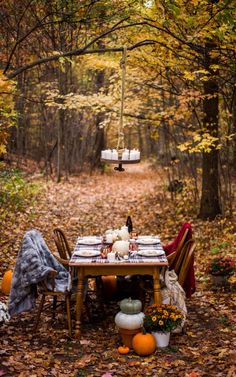 a table set for two in the middle of a forest with fall leaves on the ground