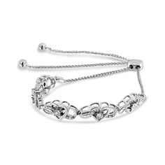 Express your affection to her with this dazzling bolo bracelet. Elegant and timeless, this gorgeous .925 sterling silver bracelet features open heart shaped links with infinity loops woven around each heart. Each link has petite diamonds lining one curve of the infinity loop with a single diamond in the center of the loop in a miracle-plate setting. The unique miracle-plate setting centers each genuine diamond in a mirror-finish, high-polish frame, giving the illusion of a much larger stone. The Sterling Silver Heart Bracelet For Anniversary, Elegant Silver Heart Bracelet With Cubic Zirconia, Elegant Adjustable Sterling Silver Heart Bracelet, Elegant Double Heart Sterling Silver Bracelet, Silver Heart Bracelet With Diamond Accents For Anniversary, Sterling Silver Heart Bracelet With Adjustable Chain For Anniversary, Elegant Adjustable Sterling Silver Bracelet For Mother's Day, Elegant Adjustable Sterling Silver Bracelet For Valentine's Day, Adjustable Fine Jewelry Heart Bracelet For Anniversary