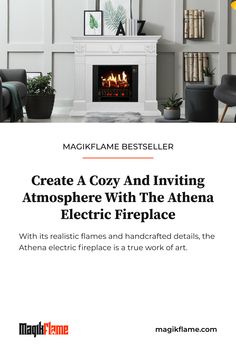 a fireplace with the words get cozy this spring with the magfl flame athen electric fireplace