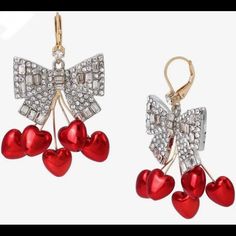 Betsey Johnson Rhinestone Bow Heart Chandelier Earrings Elegant Bling Jewelry For Valentine's Day, Elegant Valentine's Day Jewelry With Bling, Elegant Silver Heart Earrings For Party, Red Rhinestone Party Jewelry, Elegant Rhinestone Heart Earrings As Gift, Elegant Crystal Heart Dangle Earrings, Red Jewelry For Valentine's Day Party, Red Valentine's Party Jewelry, Nickel Free Red Crystal Earrings For Parties