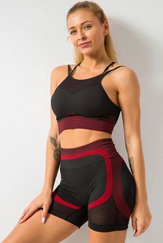 Red Breathable Mesh Gym Crop Top & Shorts Sports Set Red Stretch Gym Shorts, Stretch Red Shorts For Yoga, Stretch Red Yoga Shorts, Red High Stretch Sleeveless Sports Bra, Red Sportswear Bottoms For Gym, Red Activewear Shorts For Sports, Red Stretch Sporty Shorts, Red Activewear For Sports Events, Red Stretch Sleeveless Activewear