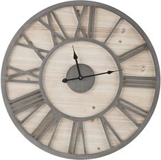 a wooden clock with roman numerals on it