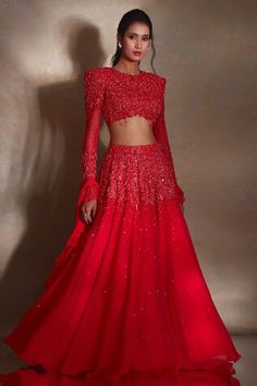 Red lehenga featuring placed sequin,bead and crystal cluster embroidered waistline. Comes with embellished blouse and ruffle dupatta. - Aza Fashions Red Sequined Floor-length Choli, Red Floor-length Choli With Sequins, Red Embellished Party Wear Set, Red Evening Sets With Mirror Work, Red Sets With Mirror Work For Evening, Red Embellished Party Wear Sharara, Red Sequined Lehenga For Festive Occasions, Red Sequined Anarkali Choli, Red Semi-stitched Sequined Lehenga