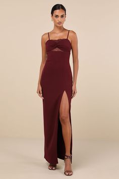 There's no doubt that jaws will drop at the sight of you in the Lulus Exceptional Stunner Plum Purple Lace Twist-Front Maxi Dress! Stretchy crepe knit falls from adjustable spaghetti straps, a sweetheart neckline, and a twisted bodice with a lacy lining that peeks through a cutout-like detail at the center, neckline, and low back. High, empire waist sits atop a column skirt that falls to a maxi hem. Hidden side zipper/clasp. Fit: This garment fits true to size. Length: Floor length. Size medium Empire Waist Dresses, Column Skirt, 21st Dresses, Empire Waist Dress, Purple Lace, Plum Purple, Twist Front, Large Size Dresses, Low Back