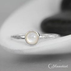 Pearl Promise Ring - Sterling Silver Mother of Pearl Gemstone Ring - Bezel-Set Engagement Ring- Whit Dainty White Moon-shaped Jewelry, Elegant Handmade Stackable Moonstone Rings, Elegant Handmade Moonstone Stackable Rings, Handmade Elegant Moonstone Stackable Rings, White Birthstone Ring In Moon Shape, Sterling Silver Polished Moonstone Ring As Gift, Moonstone Rings With Bezel Setting, Sterling Silver Moonstone Ring With Polished Finish, White Moonstone Stackable Rings Gift