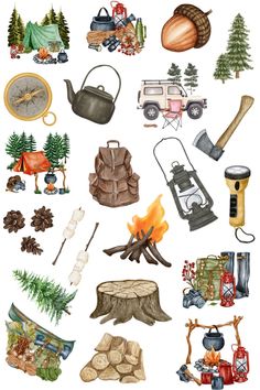 watercolor illustration of camping related items including campfire, tent, firewood and other things