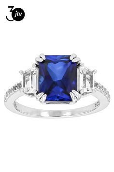 2.72ct Rectangular Octagonal Lab Created Blue Sapphire With .38ctw Round Lab White Sapphire Rhodium Over Sterling Silver Ring. Measures Approximately 0.63"L x 0.40"W. Not sizeable. White Sapphire, Sterling Silver Ring, Blue Sapphire, Silver Ring, Sterling Silver Rings, Sapphire, Lab, Silver Rings, Sterling Silver