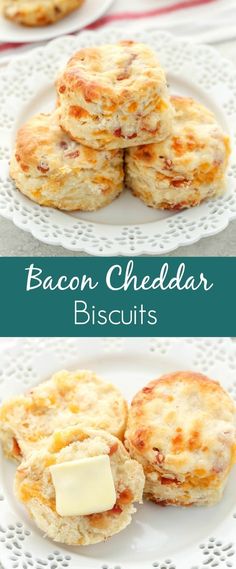 bacon cheddar biscuits on a white plate with butter and parmesan cheese