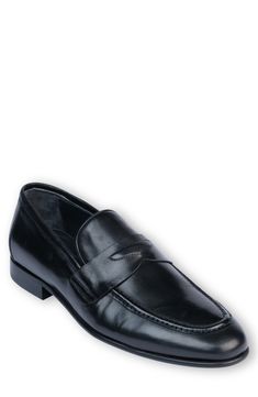 Handmade of smooth leather, this moc-toe dress shoe with a classic penny loafer silhouette offers a sophisticated, elegant look. Leather upper and lining/synthetic sole Made in Turkey Formal Slip-on Moccasins With Moc Toe, Elegant Moc Toe Business Moccasins, Formal Slip-on Plain Toe Moccasins, Formal Slip-on Moccasins With Leather Lining, Business Wingtip Moccasins, Formal Wingtip Slip-on Moccasins, Formal Wingtip Fitted Moccasins, Formal Fitted Wingtip Moccasins, Formal Moccasins With Branded Insole And Moc Toe