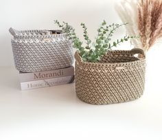 two baskets with plants in them sitting on a table