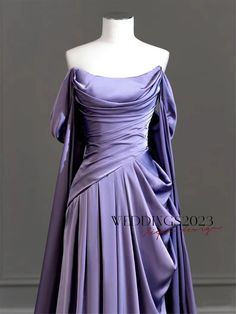 Elegant Purple Gown, Purple Satin Gown, Purple Greek Goddess Dress, Silk Dress Purple, Fantasy Bridesmaid Dresses, Dark Purple Dress Aesthetic, Bridesmaid Gown Design, Purple Elegant Dresses, Royal Purple Prom Dress