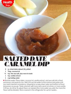 an advertisement for salted date caramel dip with apples in the background and information about how to make it