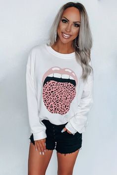 Lip Leopard Tounge Print Sweatshirt Wholesale Sweatshirts, Leopard Print Sweatshirt, Cheap Hoodies, Tie Dye Long Sleeve, Round Neck Tops, Pullover Designs, Print Sweatshirt, Basic Tops, Casual Sweatshirt