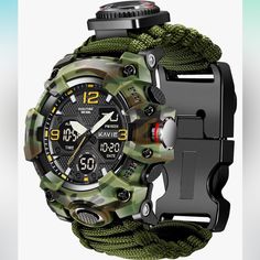 23-In-1 Multi-Functional Survival Gear: This Military Watch Contains All The Tools You Need For Outdoor Use, Such As Compass, Whistle, Igniter, Sos/Flash, Tools-Fire Starter, Card Pin And Other Survival Gear. You Don’t Need To Carry All Survival Tools In Your Backpack. It Is Suitable For Various Outdoor Activities, Such As Traveling, Camping, Mountain Climbing, Hunting. 2-In-1 Survival Strap: The Difference Between Our Strap And Ordinary Strap Is That Our Strap Has A Velcro Inside, Which Can Be Functional Green Watch With 10atm Water Resistance, Green Digital Watch With 10atm Water Resistance For Outdoor, Green Digital Watch With Stopwatch For Outdoor, Green Functional Digital Watch For Outdoor, Green Wear-resistant Watch With Round Dial, Green Round Dial Watch, Functional Green Watches For Outdoor Activities, Outdoor Wear-resistant Watch With Round Dial, Green Outdoor Watch With Stopwatch