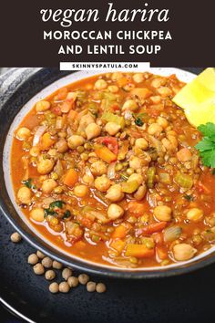 vegan chickpea and lentil soup in a black bowl