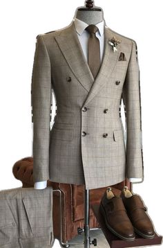 Grover Formal Light Brown Plaid Peaked Lapel Double Breasted Business Suits Double-breasted Wedding Tuxedo, Double-breasted Wedding Tuxedo In Suiting Fabric, Double-breasted Suiting Fabric Tuxedo For Wedding, Double-breasted Wedding Suit In Suiting Fabric, Elegant Beige Suit With Double Button Closure, Classic Three-piece Wedding Suit With Double Button, Fitted Beige Suits With Button Closure, Beige Double-breasted Suits With Buttons, Beige Double-breasted Suit With Buttons