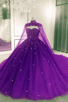 Ball Gown Sweet 16, Purple Ball Gown, Quinceanera Themes Dresses, Purple Quinceanera Dresses, Sweet 16 Dress, Dress With Cape, Pretty Quinceanera Dresses, Purple Gowns