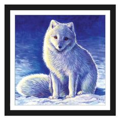 a painting of a white fox sitting in the snow with its eyes open metal print by person