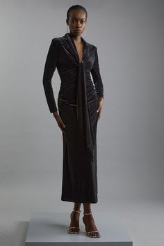 Velvet Long Sleeve Wrap V Neck Maxi Dress | Karen Millen Winter Evening Maxi Dress, Maxi-length Evening Dress With Draped Sleeves For Party, Elegant Long Sleeve Ruched Velvet Dress, Fitted Ruched Evening Dress For Dinner, Ruched Maxi Evening Dress For Dinner, Party Evening Dress With Draped Sleeves In Maxi Length, Long Sleeve Ruched Velvet Evening Dress, Ruched Long Sleeve Velvet Evening Dress, Ruched Fitted Evening Dress For Dinner