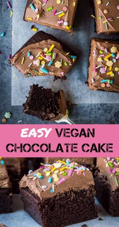 easy vegan chocolate cake with sprinkles and chocolate frosting on top