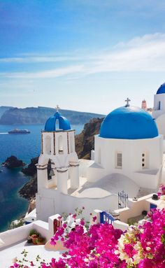 white and blue buildings overlooking the ocean with pink flowers in blooming pots on the roof